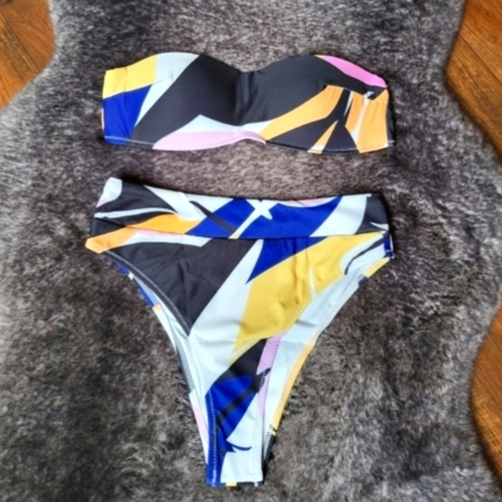 New Black Colorful Bandeau Top High Waist Bikini Set Swimsuit Size M - Picture 5 of 6